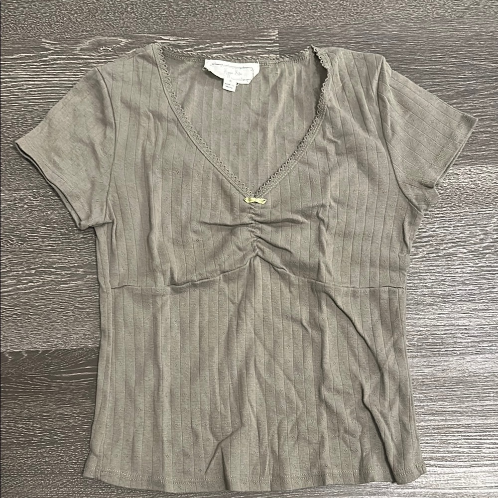 Hippie Rose Green Tie Front Blouse with V-Neck